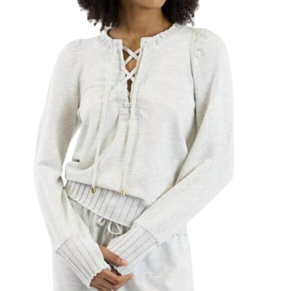 Sundays Atlas Heathered Gray Lace Up Puff Shoulder Rib Knit Sweater Womens XS